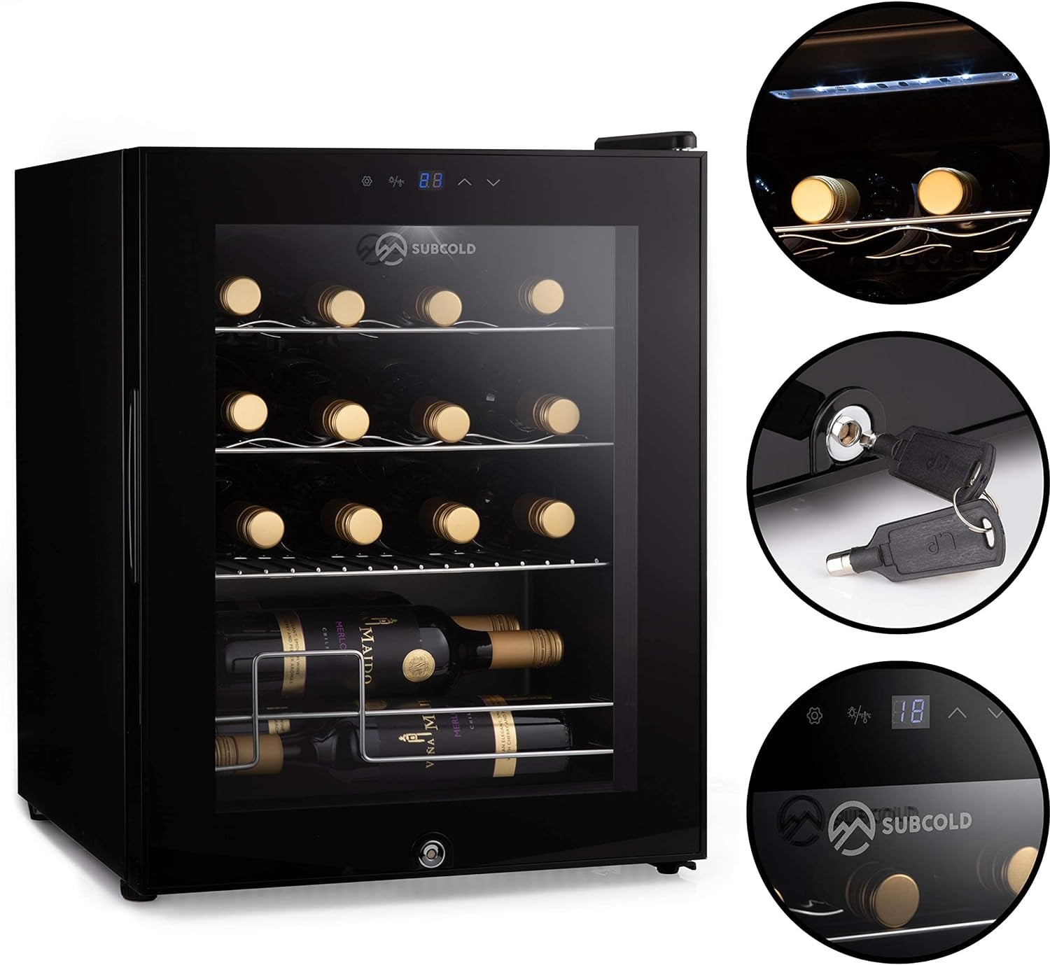 Viva16 LED – Table-Top Wine Fridge Black | 3-18°C | Wine Cooler | LED + Lock & Key | Glass Door Drinks Cellar | Single-Zone (16 Bottle)