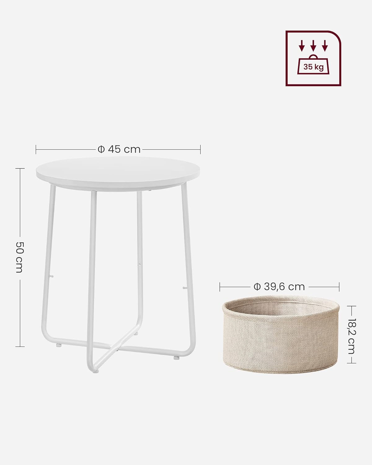 Side Table, round End Table with Fabric Basket, Spacious, for Living Room Bedroom, Bedside Table, Modern Style, White and Beige LET223W10