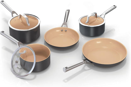 Extended Life 5-Piece Ceramic Cookware Set (20 & 24Cm Frying Pans + 16, 18 & 20Cm Saucepans & Lids), Non-Stick (No Pfas, Pfoas, Lead or Cadmium), Oven Safe to 285°C, Terracotta & Grey, CW95000UK