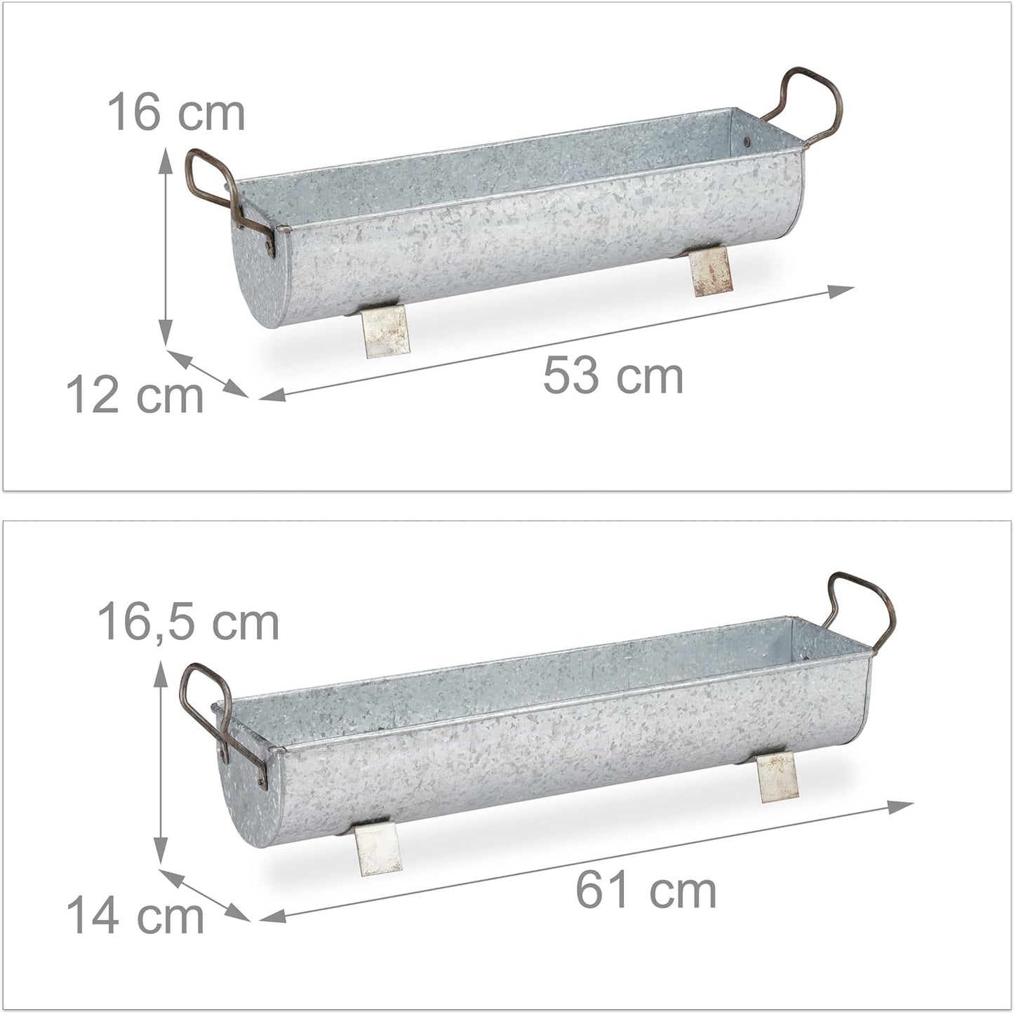 Window Box Gutter, Planter Garden & Indoors, Set of 2 Metal Tubs for Plants, Zinc Look, Silver, Iron, 16,5 X 61 X 14 Cm