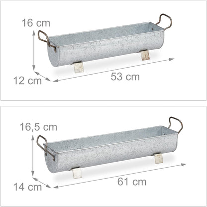 Window Box Gutter, Planter Garden & Indoors, Set of 2 Metal Tubs for Plants, Zinc Look, Silver, Iron, 16,5 X 61 X 14 Cm