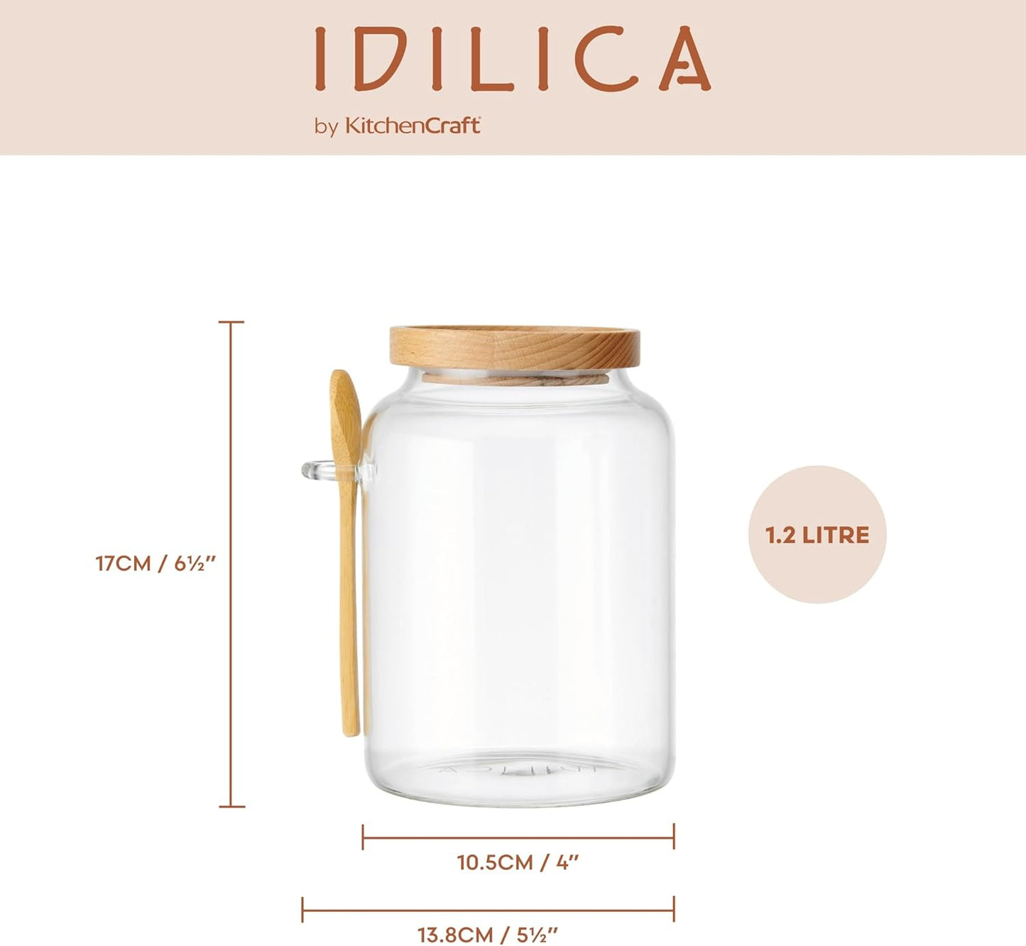 Idilica Glass Storage Jar with Beechwood Lid and Bamboo Spoon, Airtight Glass Canister with Wooden Lid for Kitchen Storage and Organisation, 1200Ml