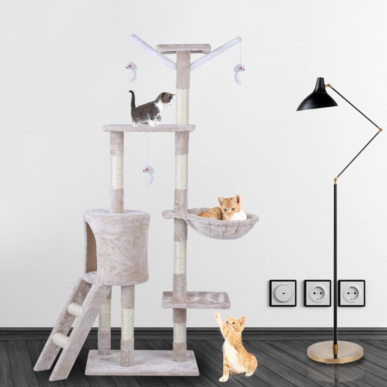 Cat Scratching Post 143 Cm Cat Tree Multi-Level Stable Cat Tower Cat Scratching Post with Bed,Cat Bed Cat Climbing Frame with Ladder,Pet Activity Furniture Play House for Indoor Cats,Beige