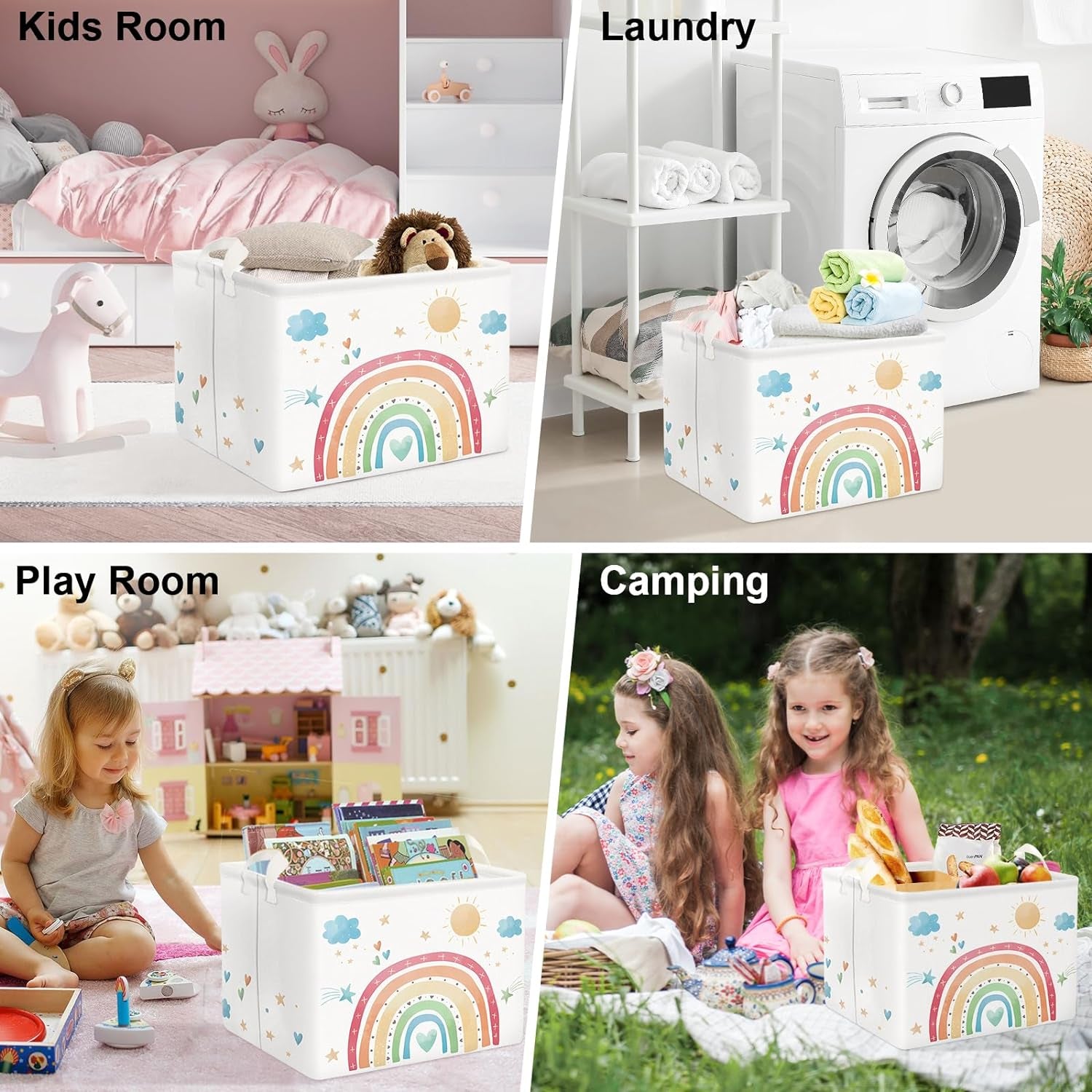 Rainbow Cloud White Toy Storage Basket for Baby - Kids Storage Box for Clothes Book in Bedroom, Playroom, Washing Room, 15.7X11.8X11.8 In