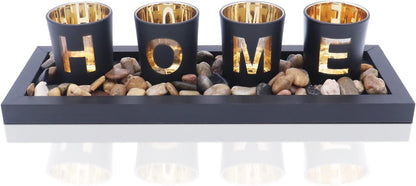 Candle Holder Set, Includes 4 Glass Cups, Natural Stones and Wooden Tray for Table Home Decorations (Home)