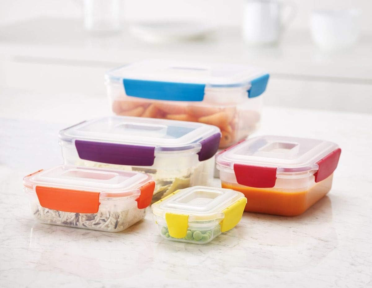 Nest Lock, 5 Piece Plastic Food Kitchen Storage Container Set with Lids, Leak Proof, Airtight, Space Saving, BPA Free- Multicolour