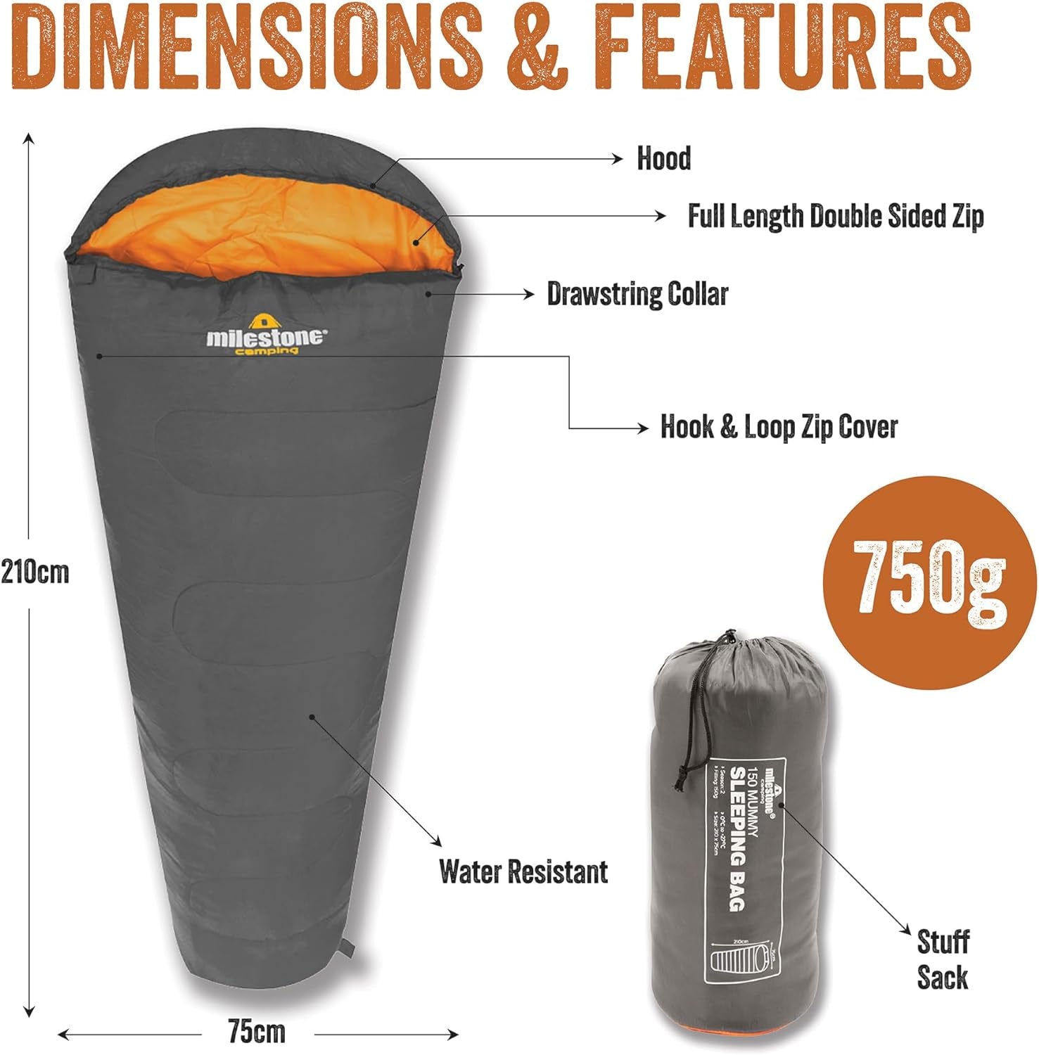 Mummy Sleeping Bag / Grey & Orange Single Sleeper / Comfortable and Portable with Carry Sack / Water Resistant