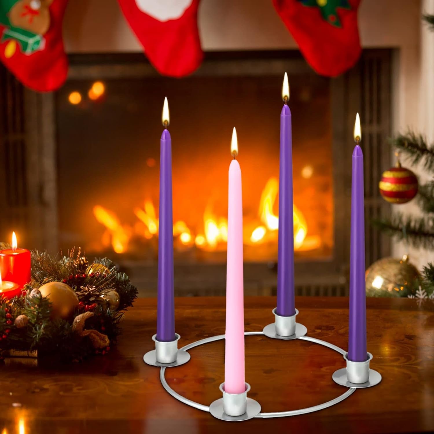 5 Packs Christmas Advent Wreath Ring Set Silver Christmas Advent Candles Holder with 4 Pcs Advent Candles 3 Purple and 1 Pink Taper Candles Christmas Advent Ring Set for Church Home