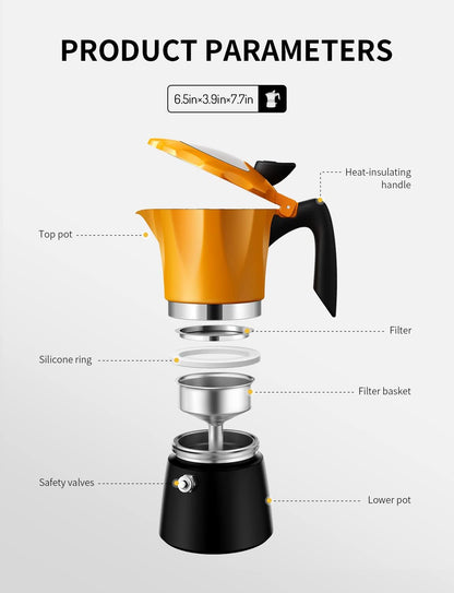 Stovetop Coffee Maker Espresso Italian Moka Pot with Transparent Top Lid, 300Ml-6 Espresso Cups, Classic Aluminium Coffee Percolator, Orange/Black