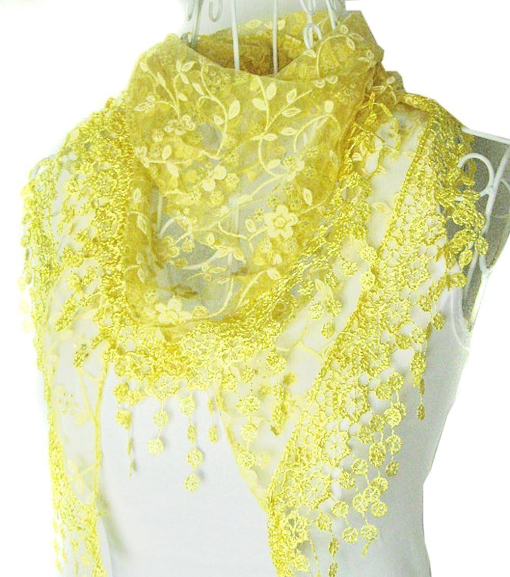 Women Ladies Elegant Lace Tassel Blending Silk Long Scarf Scarves Wrap Shawl Triangular Scarf Yellow,140X52Cm