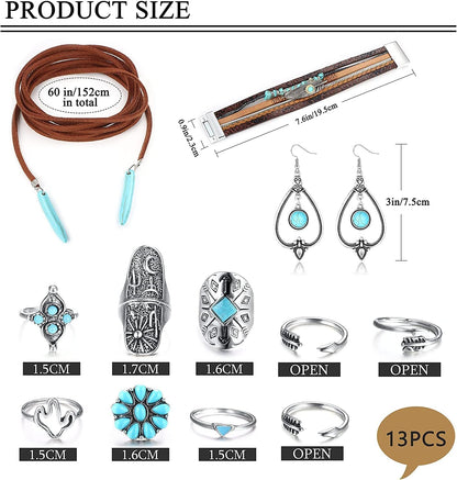 Bohemian Turquoise Jewelry for Women Men Western Turquoise Set Western Adjustable Belt Rings and Necklace Vintage Turquoise Drop Earrings Bracelet Western Boho Turquoise Jewelry for Women