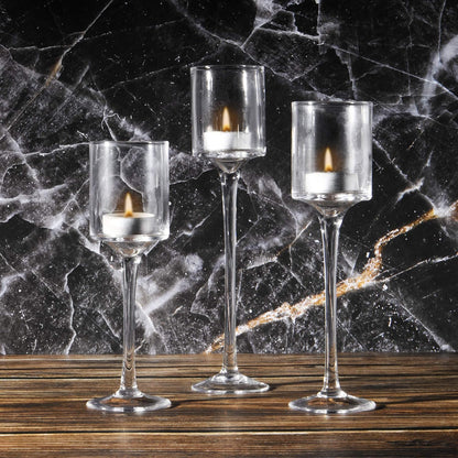 Tea Light Candle Holders - Set of 3 | Tall Elegant Glass Stylish Design | Ideal for Weddings, Home Decor, Parties, Table Settings & Gifts | M&W