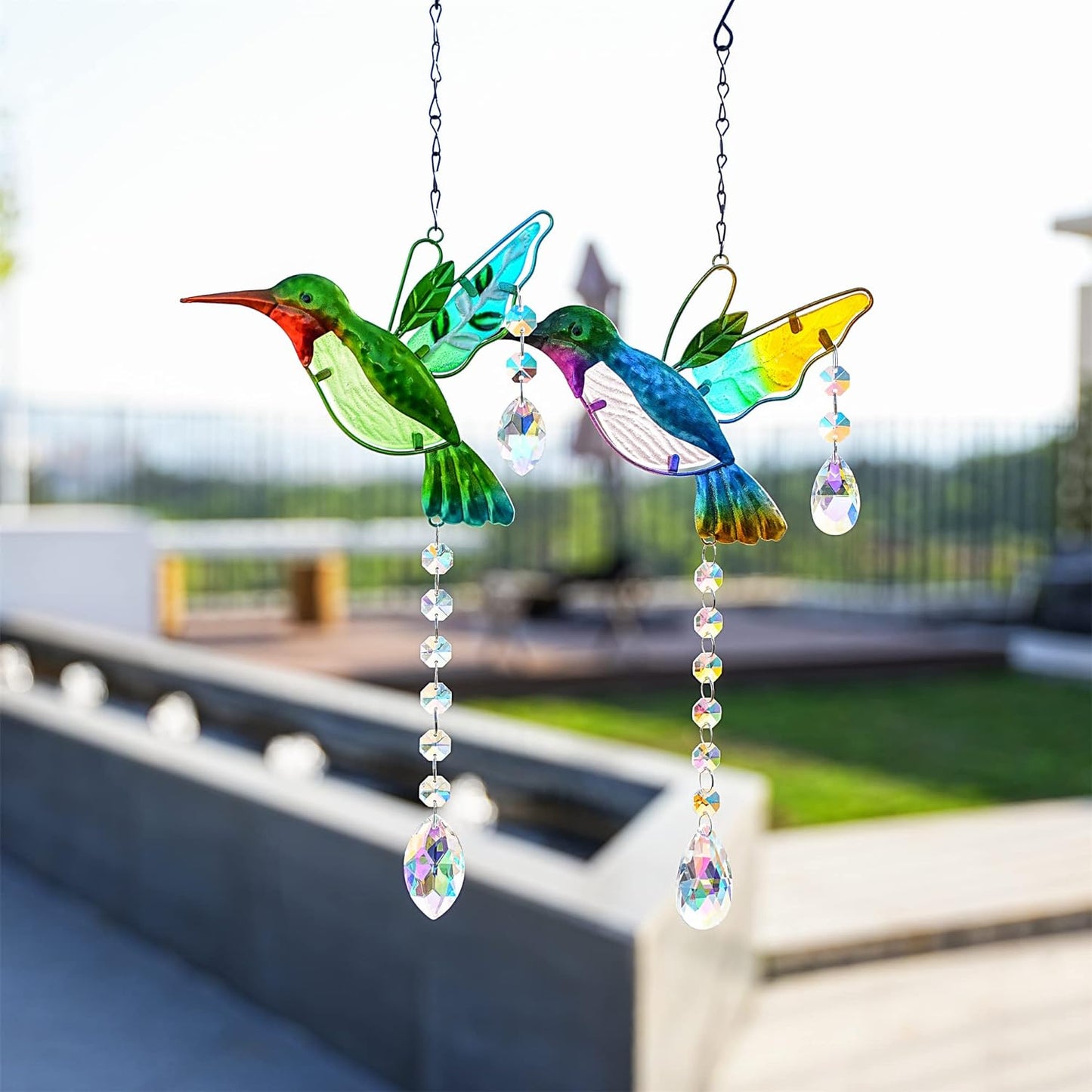 2PCS Hummingbird Suncatchers,Stained Glass Window Hanging Ornament,Rainbow Maker Crystal Prism Suncatcher Outdoor Indoor Home Garden Party Decoration