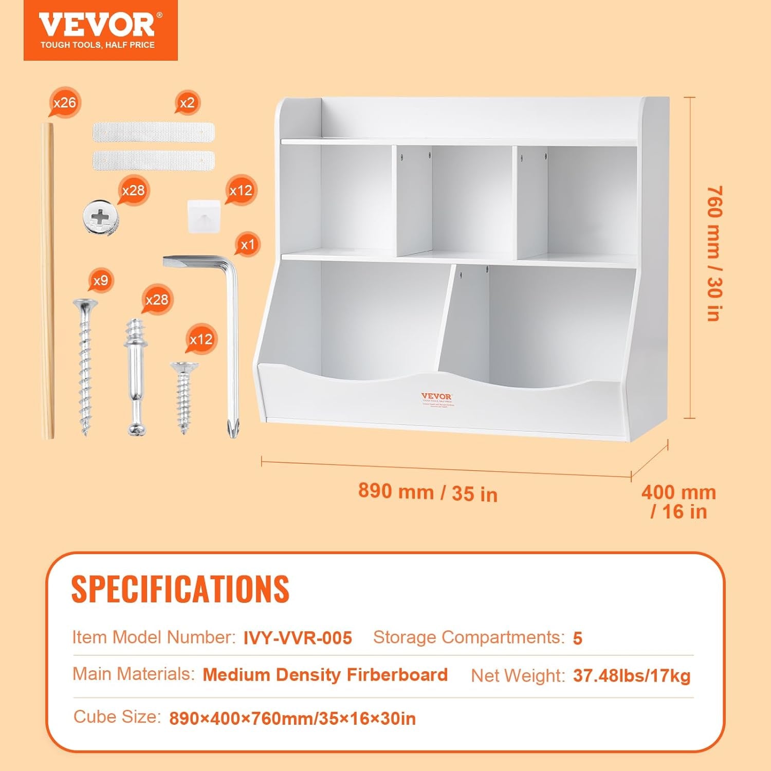 Wood Kid Storage Cubby, Toy Storage Organizer with Bookshelf, 5-Cubby Wood Toy Storage Cabinet, Children Book Toy Shelf for Kids Room, Playroom, Kindergarten, Nursery, White