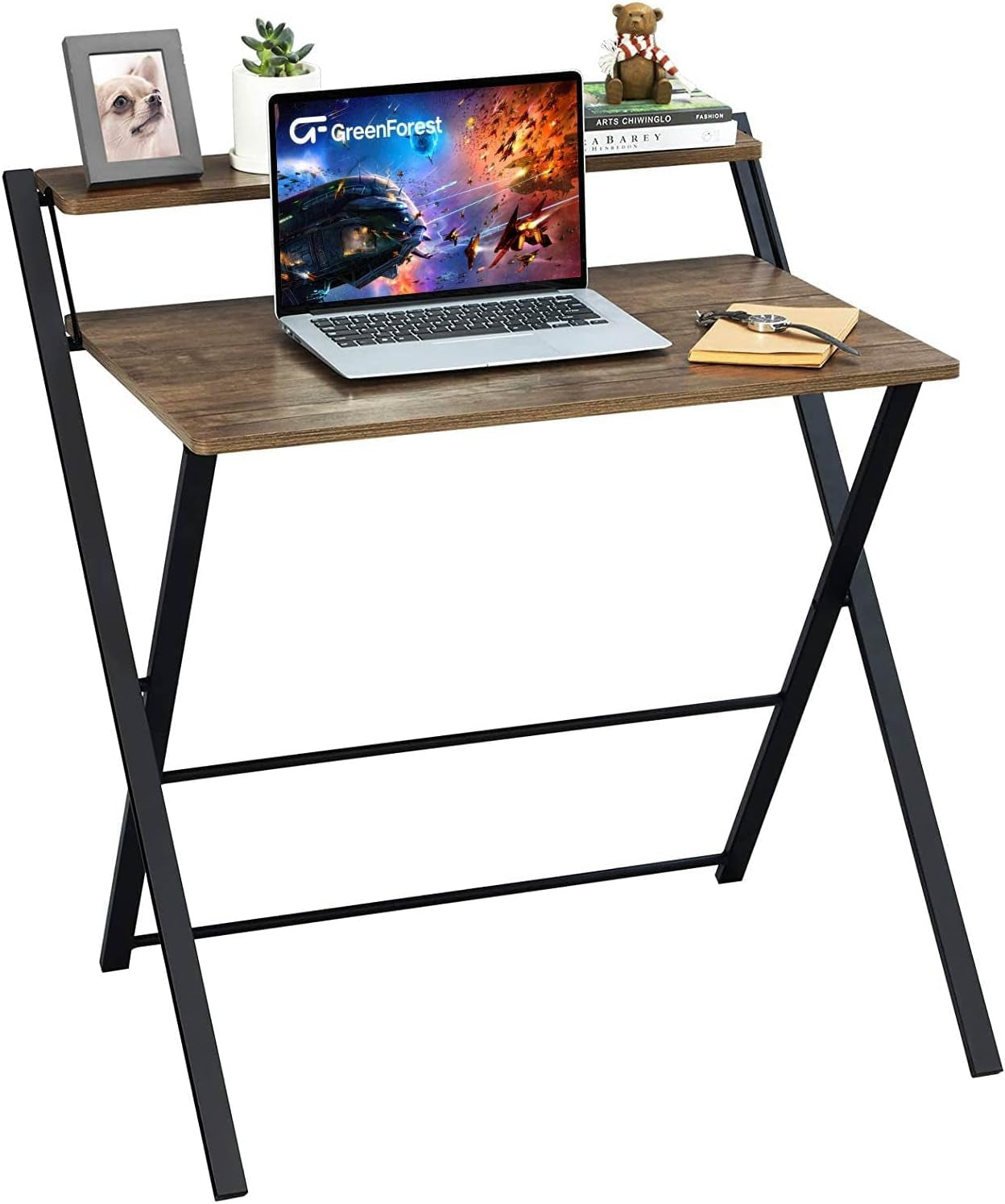 Folding Desk No Assembly Required Small Size,Computer Desk with 2-Tier Shelf Laptop Foldable Table for Small Spaces, Brown