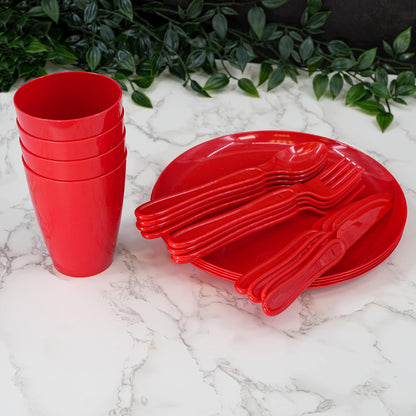 21 Piece Plastic Picnic Camping Party Dinner Plate Mug Cutlery Set Storage Box