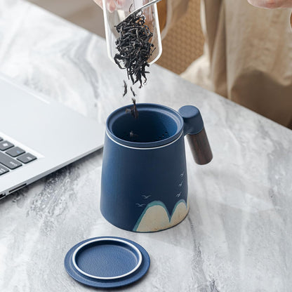 Tea Infuser Mug with Lid.400Ml Ceramic Tea Cup with Sandalwood Handle.Hand Made Pattern on Loose Leaf Tea Mug.Tea Steeping Mug for Gift (Blue)