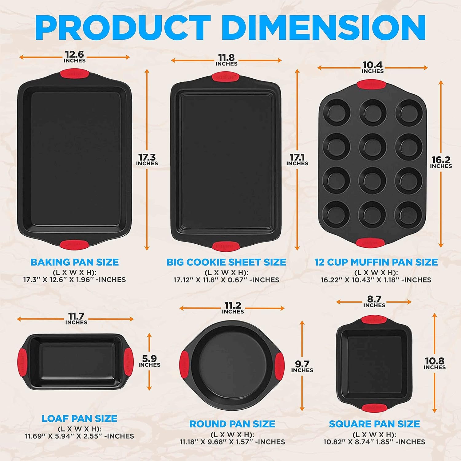 6-Piece Steel Nonstick Bakeware Set - Carbon Steel Baking Tray Set W/Heatsafe Red Silicone Handles, Oven Safe up to 450°F, Loaf Muffin Round/Square Pans, Cookie Sheet, Baking Pan NCSBS6S