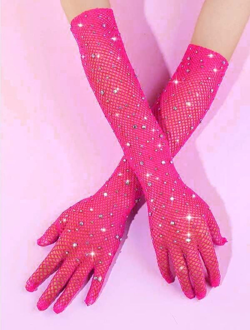 Women Fishnet Rhinestone Gloves Sparkly Party Gloves Glitter Gloves Prom Accessories