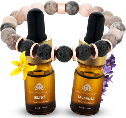 Shika Wellbeing Relaxation Gift for Women Anxiety Relief Lava Bracelet with Lavender & Bliss Essential Oils Aromatherapy Wellness Gift Set Crystal Healing Gift Set