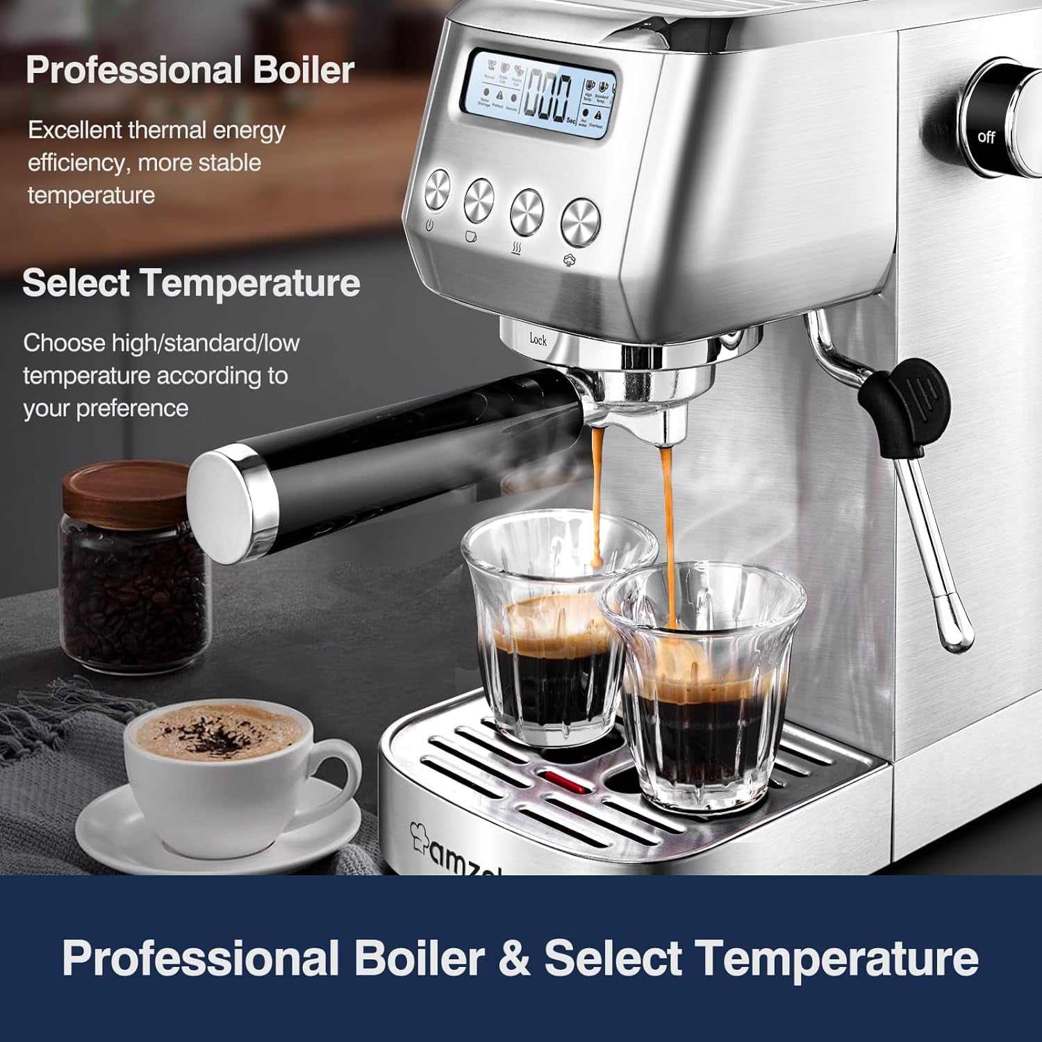 20 Bar Espresso Coffee Machines with LCD Panel and Steam Milk Frother, Compact Cappuccino and Latte Machine, All in One Coffee Machine for Home Use with 1.3L Removable Water Tank, 2 Filters