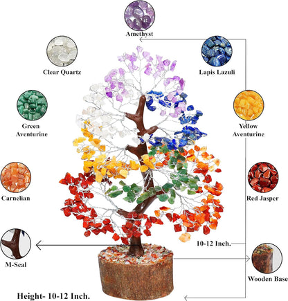 Seven Chakra Gemstone Tree Feng Shui Figurine Money Bonsai Good Luck Reiki Healing Crystals Balancing Decoration Ornament Sculpture Wealth Prosperity Table Room Decor Gift Size 10-12"