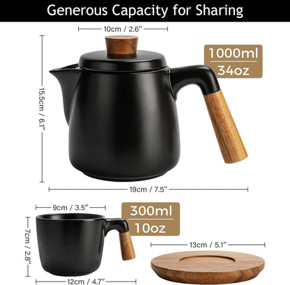 – 1000 Ml Ceramic Tea Pot Set with Infuser and Cups/Tea Strainer, 4 Ceramic Tea Mugs (300 Ml), Bamboo Saucers/Handle for Home and Office (Black)