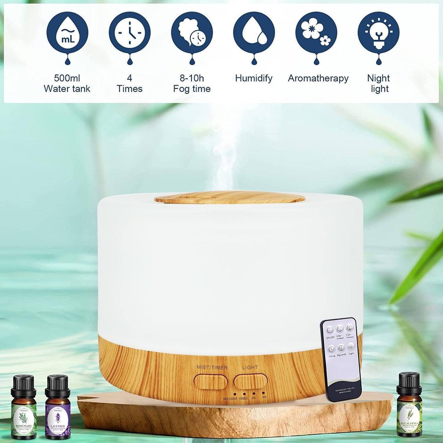 Premium 500Ml Ultrasonic Essential Oil Diffuser - Quiet Humidifier with 7 LED Colors, Remote Control, and Timer for Relaxation & Wellness in the Home, Office, and Spa