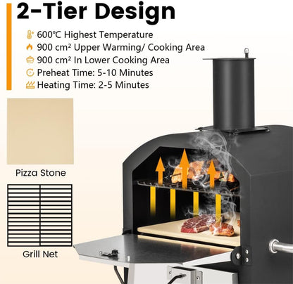 Outdoor Pizza Oven, 2 Tier Wood-Fired Pizza Maker with Waterproof Cover, Cooking Grill and Pizza Stone, Outdoor Garden Patio BBQ Pizza Cooker for Meat, Fish and Veg