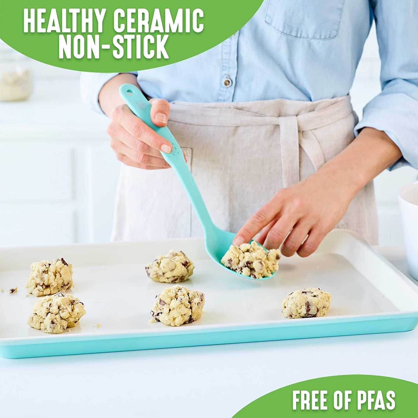 Healthy Ceramic Non-Stick 2-Piece Baking Tray Set, 33 Cm X 23 Cm Pfas-Free, Turquoise