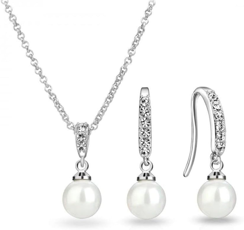 Silver Plated Pearl Drop Set Created with Zircondia® Crystals