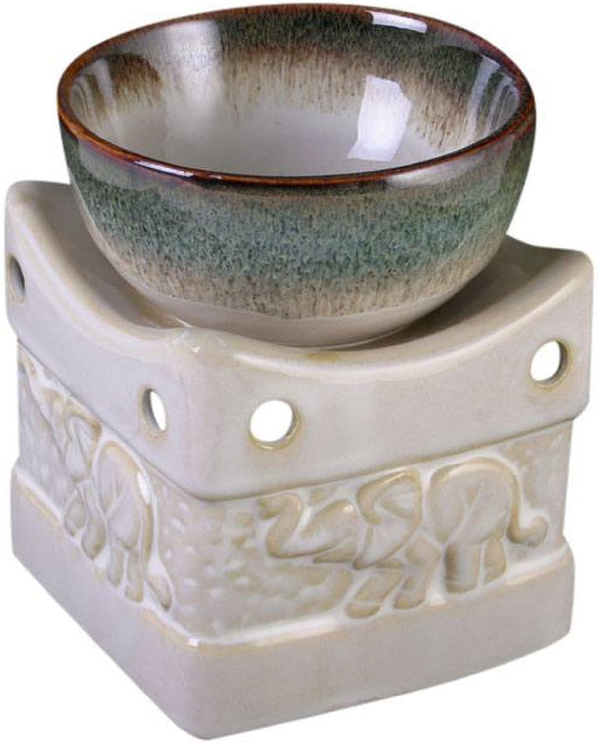 Glazed Ceramic Elephant Oil Burner - 10.5Cm X 9Cm (1 Pc) - Two Tone Cream & Brown Effect - Perfect for Aromatherapy and Home Decor