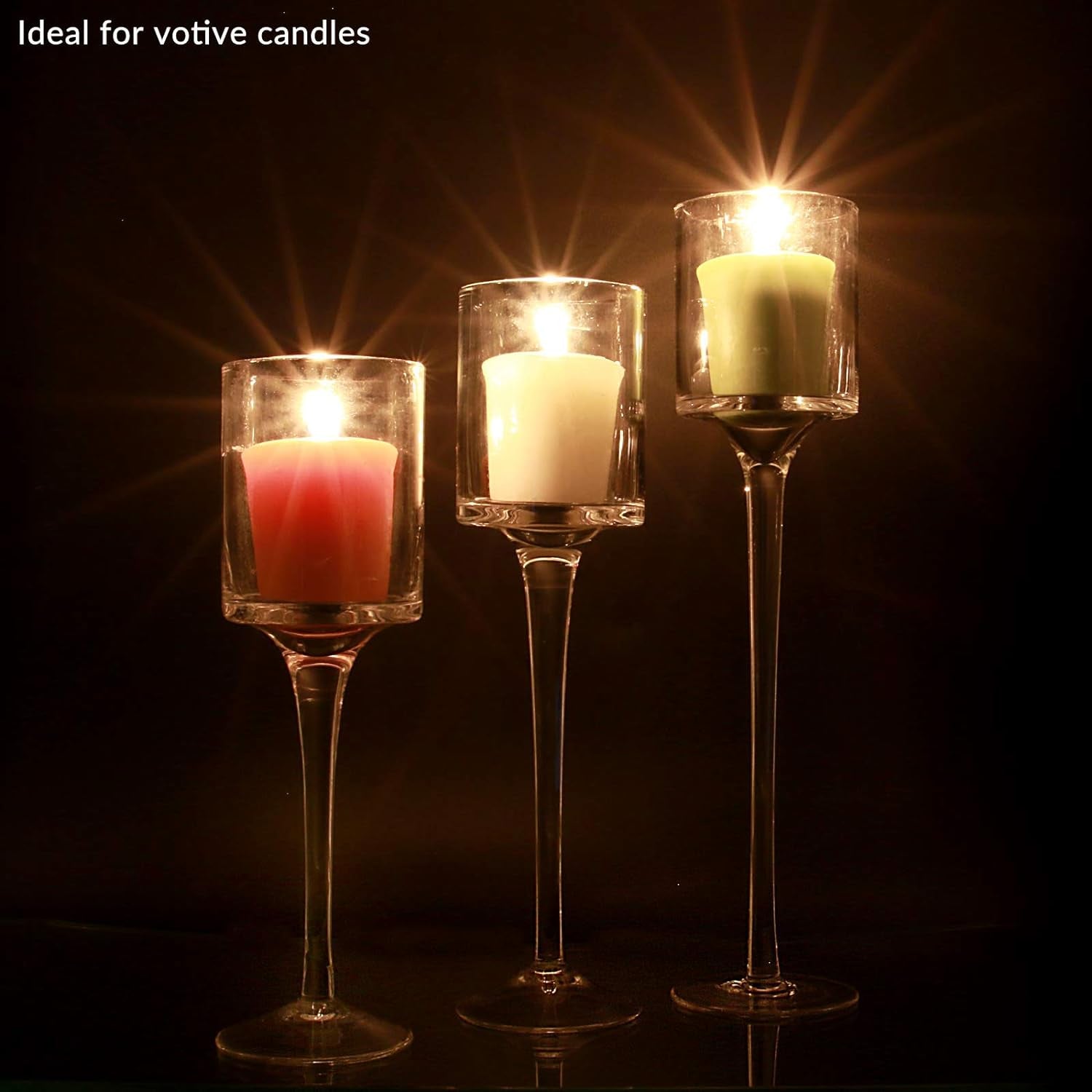 Tea Light Candle Holders - Set of 3 | Tall Elegant Glass Stylish Design | Ideal for Weddings, Home Decor, Parties, Table Settings & Gifts | M&W