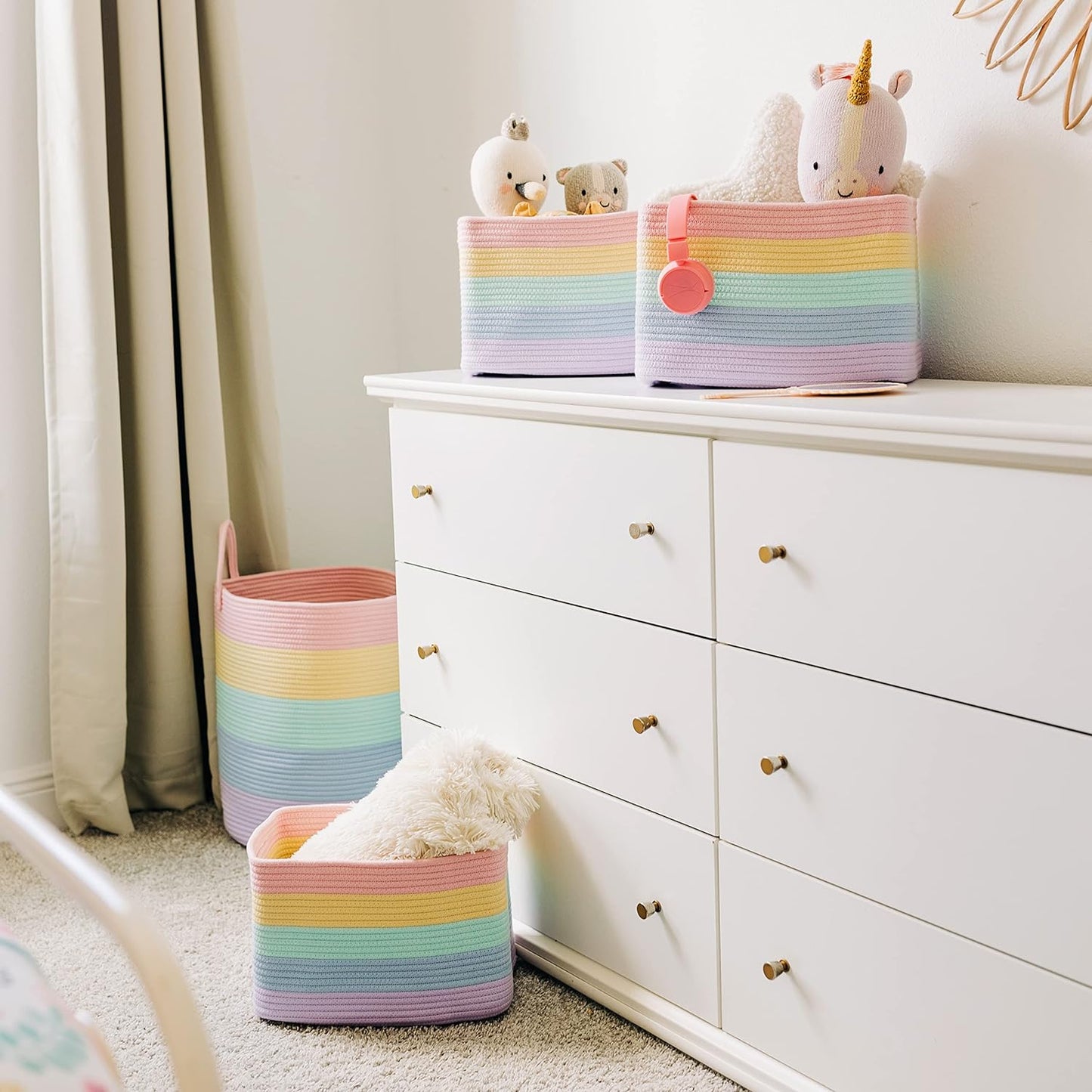 Set of 3 Toy Storage Baskets | Woven Nursery Storage Basket | Rainbow Blanket Basket | Cotton Rope Toilet Roll Basket | Woven Basket for Towel Storage | Bathroom Storage Baskets for Shelves