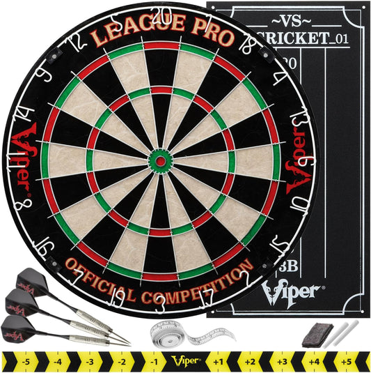 League Pro Regulation Bristle Steel Tip Dartboard Starter Set with Staple-Free Bullseye, Radial Spider Wire, High-Grade Sisal with Rotating Number Ring, Chalk Cricket Scoreboard, Steel Tip Darts