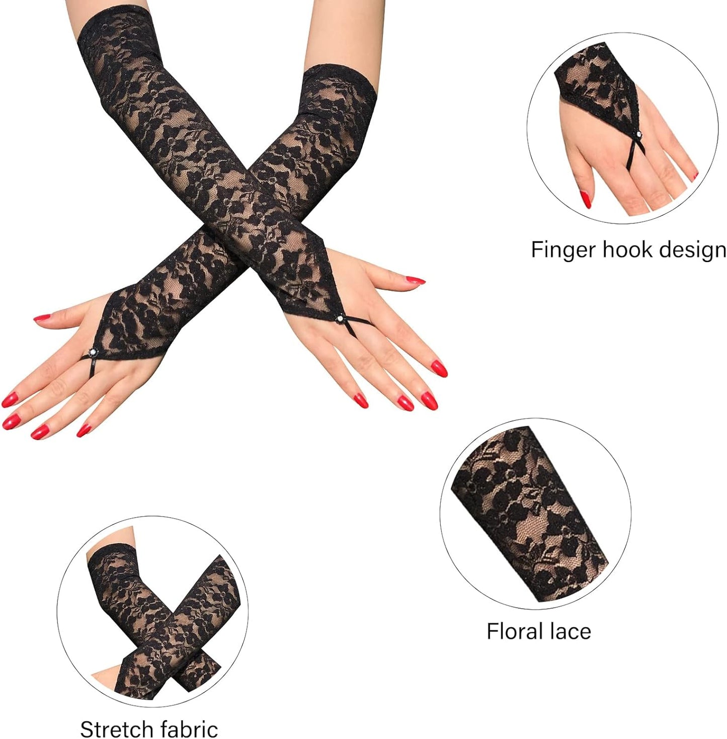 Fingerless Lace Gloves for Women Long Bridal Gloves Floral Lace Finger Loop Gloves Fashion Rhinestones Flapper Glove for Wedding Prom Dance Cosplay