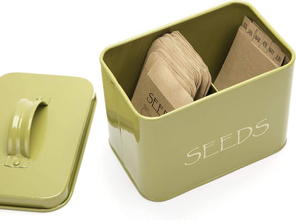 Steel Seed Storage Box Organiser in Green. Compact Seed Packet Container with Lid Complete with Monthly Dividers, 20 Envelopes and Pencil