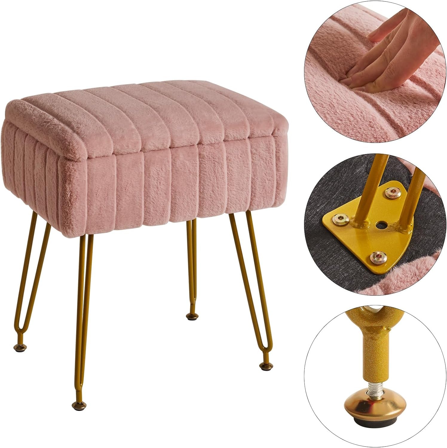 Stool Chair with Storage Space, Footrest Footstool Ottoman, Small Side Table, with 4 Metal Legs, with Anti-Slip Feet, for Makeup Room, Bedroom, Faux Fur, Pink L/G-50P