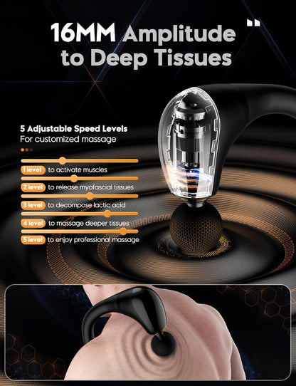 Massage Gun with Upgraded U-Shaped Extension Handle, 16MM Massage Gun Deep Tissue,Back Massager, Muscles/Neck/Shoulders/Waist/Legs Massager Portable for Pain Relief, 4 Massage Heads & 5 Speed Levels