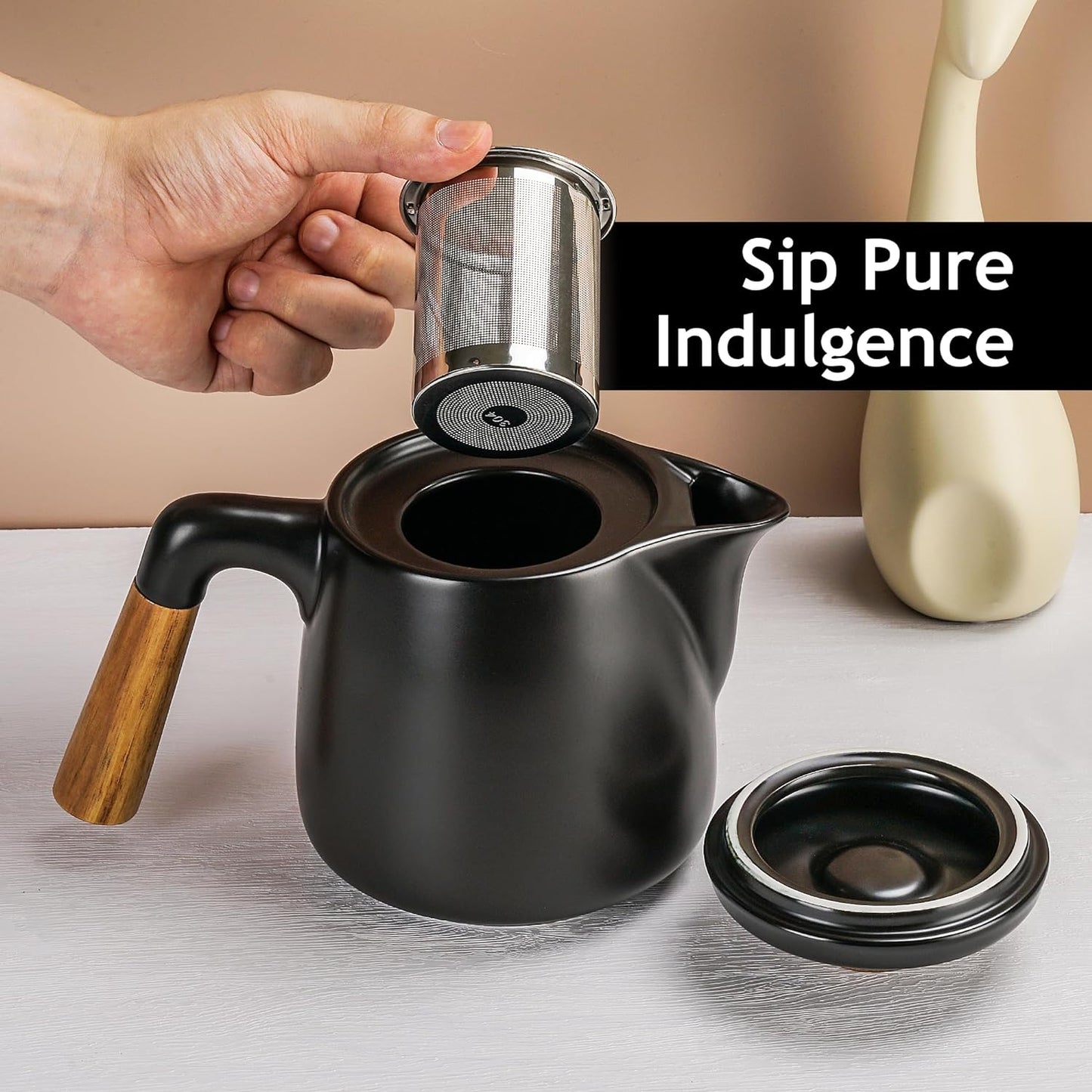 – 1000 Ml Ceramic Tea Pot Set with Infuser and Cups/Tea Strainer, 4 Ceramic Tea Mugs (300 Ml), Bamboo Saucers/Handle for Home and Office (Black)