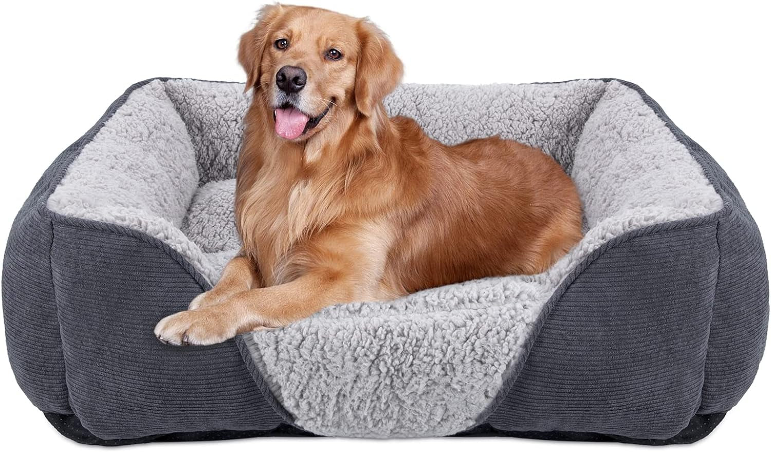 Large Dog Bed Pet Sofa Bed, Super Soft Comfy Wool Fleece Dog Bed with Striped Corduroy Design, Washable Dog Bed for Border Collie, 76X61X23Cm