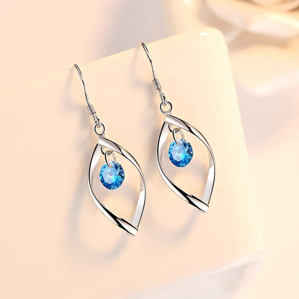 Silver Jewellery Set for Women, 925 Sterling Silver Women'S Jewellery Sets with White/Blue/Pink Zirconia, Hypoallergenic Twist Pendant Necklace & Hook Dangle Earrings Set Gift with Gift Box