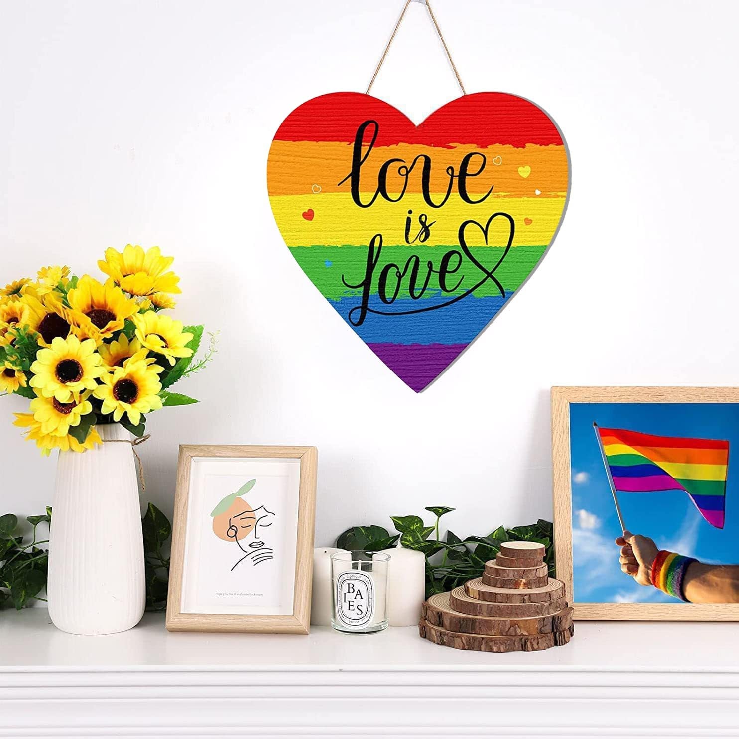 Pride Accessories Rainbow Signs Gifts-Pride Decorations Wooden Heart Hanging Plaque LGBTQ Accessories Love Is Love Cards Keepsake for Gay Pride March Celebration Events Bar Party Suppies