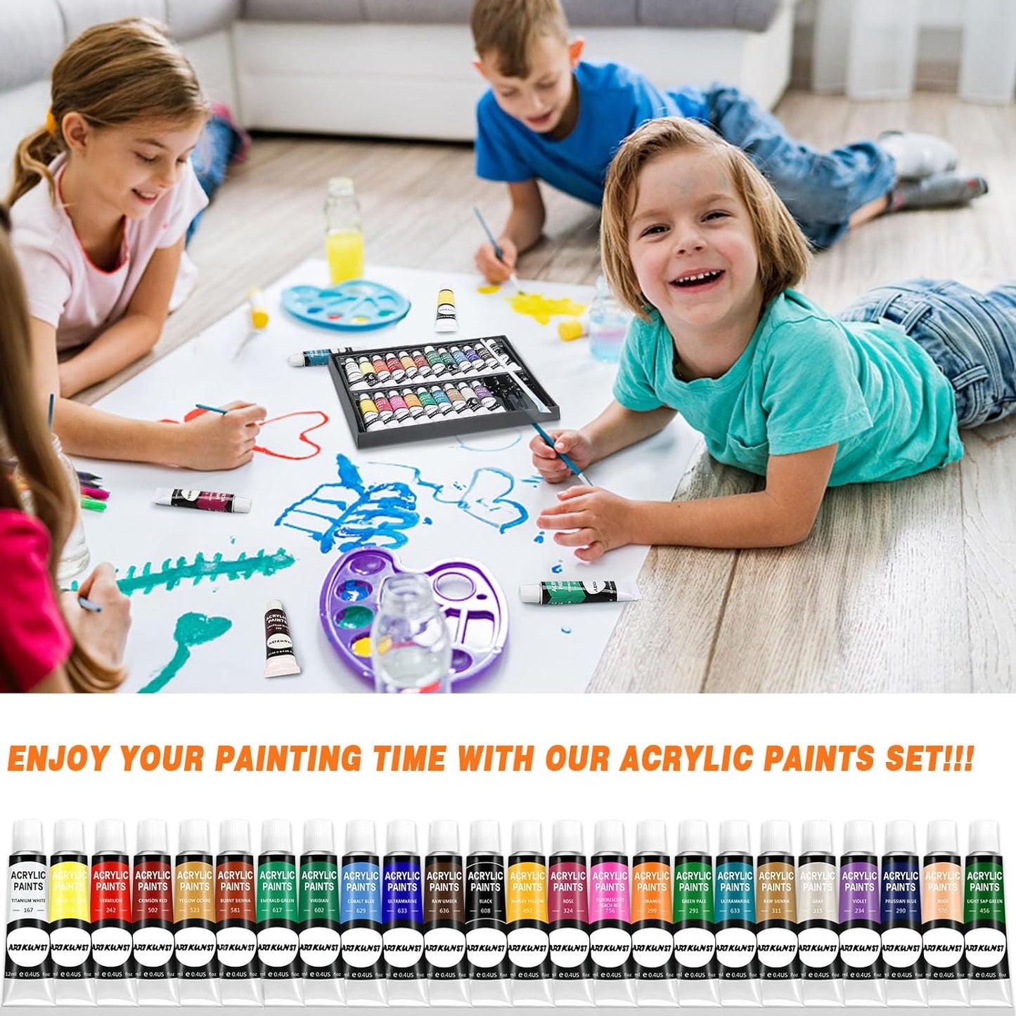 Acrylic Paint Set, 24 Rich Pigment Colors with 10 Art Brushes for Painting Canvas, Wood, Ceramic & Fabric, Rich Pigments Lasting Quality for Beginners, Students & Professional Artist