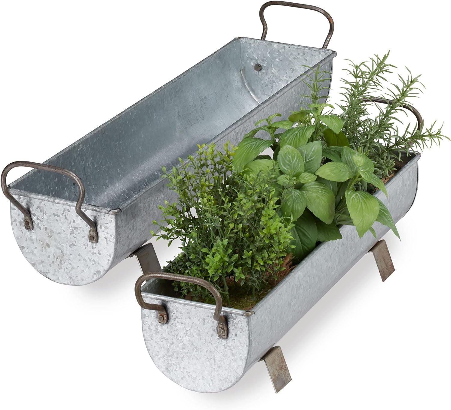 Window Box Gutter, Planter Garden & Indoors, Set of 2 Metal Tubs for Plants, Zinc Look, Silver, Iron, 16,5 X 61 X 14 Cm