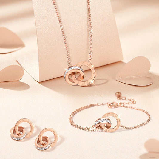 Jewellery Set for Women Necklace Bracelet and Earrings Set Double Circle Pendant Cubic Zirconia round Interlocking Pendant Jewellery Gifts for Her Wife Rose Gold