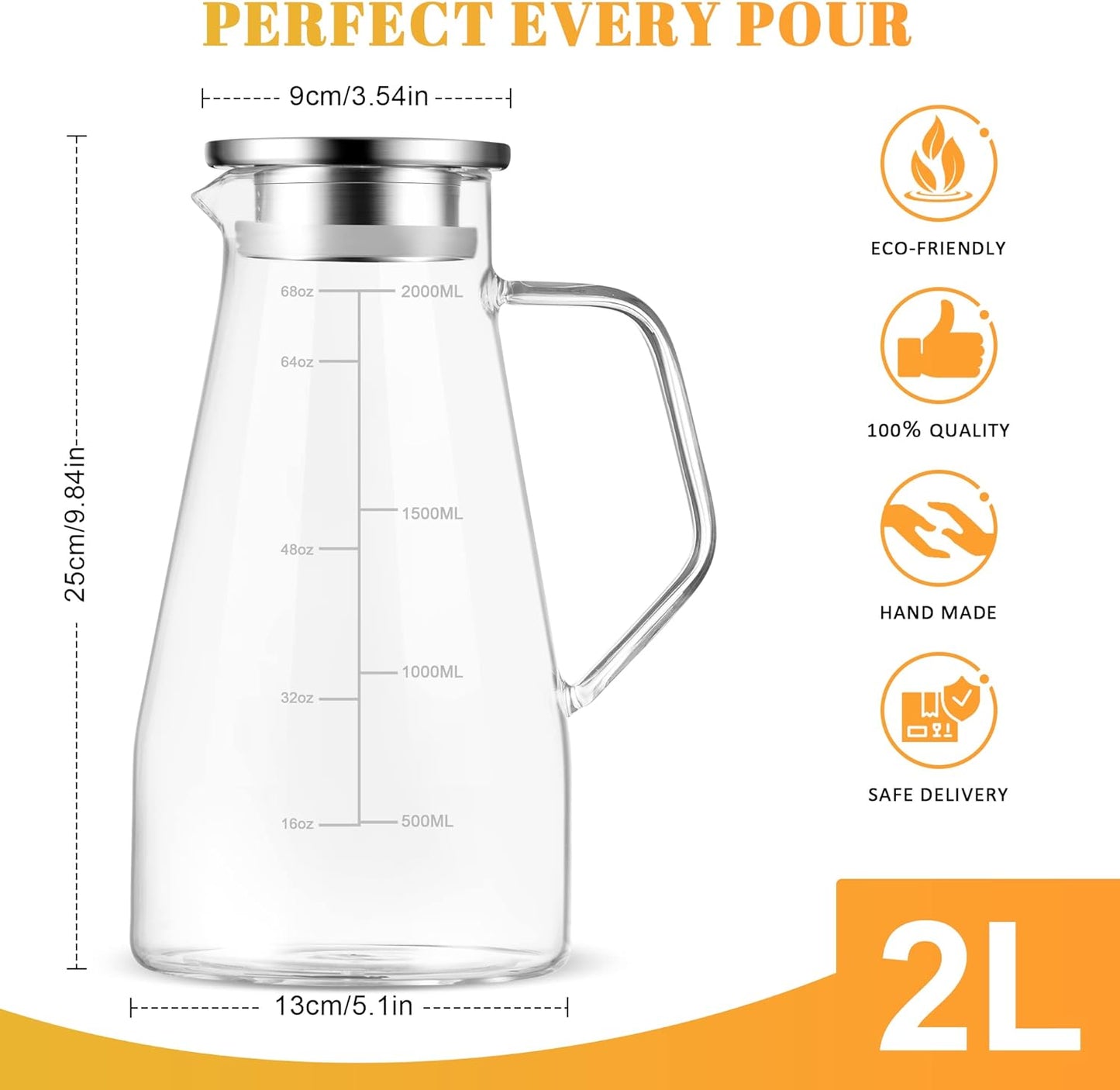 Glass Jug - 2 Liter Heat Resistant Borosilicate Glass Carafe, Easy Clean Water Jug with Lid and Precise Scale Line, Iced Tea Pitcher for Juice&Hot Beverages, 1 Free Long-Handled Brush Included