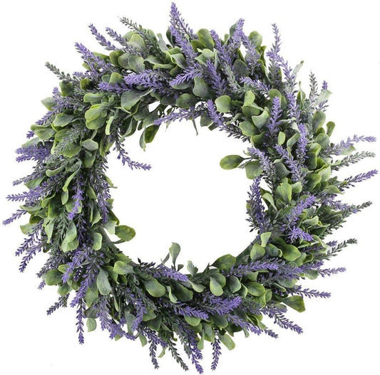 Artificial Lavender Wreath Plastic Spring Wreath Fake Silk Purple Front Door Wreath for Spring Front Door Indoor Outdoor Window Wall Home Fireplace Wedding Decor 45Cm