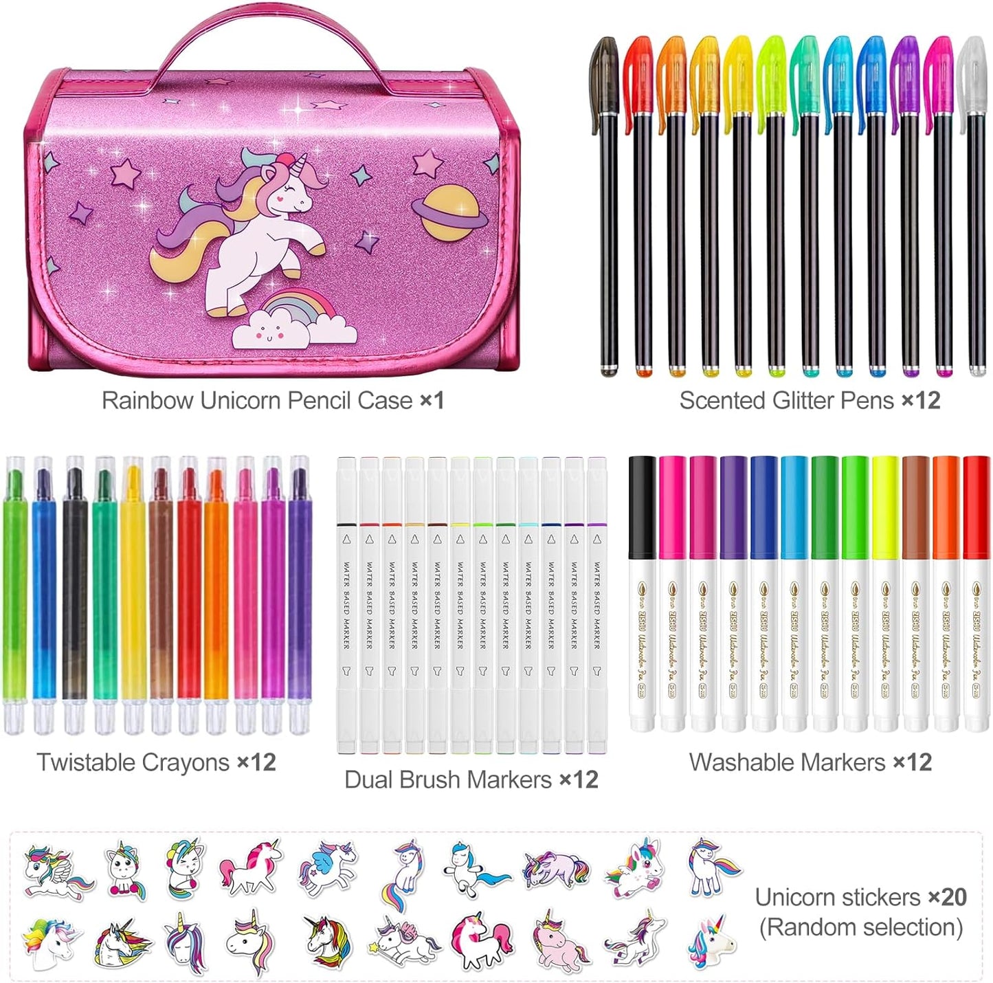 Unicorn Gifts for 3 4 5 6 7 Year Old Girls, Arts and Crafts for Kids 3-5 6-12, Fruit Scented Washable Markers Stationery Set, Travel Art Drawing Colouring Set for Girls