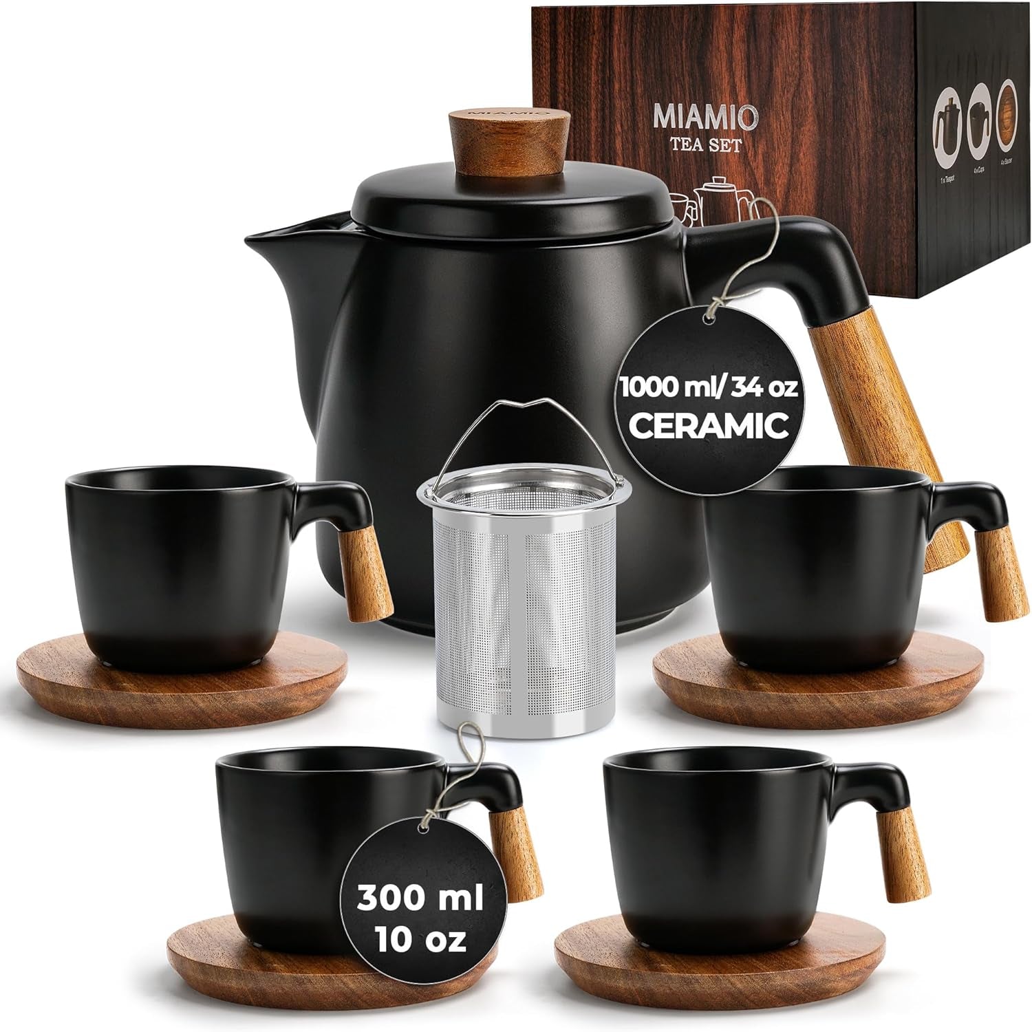 – 1000 Ml Ceramic Tea Pot Set with Infuser and Cups/Tea Strainer, 4 Ceramic Tea Mugs (300 Ml), Bamboo Saucers/Handle for Home and Office (Black)